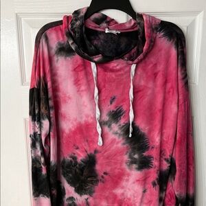 Tie-Dye Pink and Black Hooded Pullover - thin, silky material